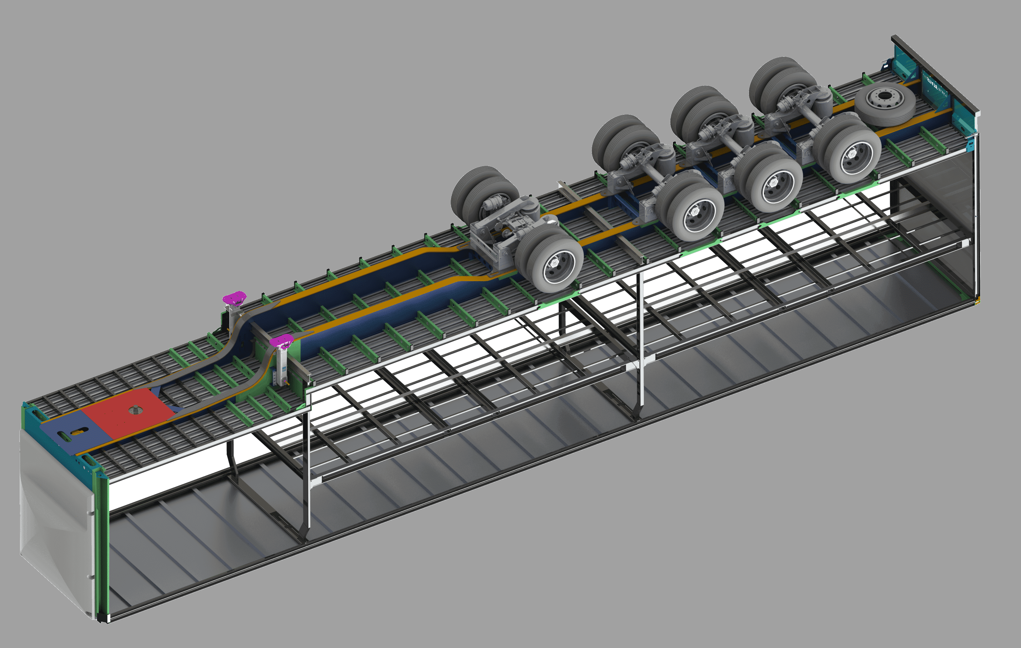 SolidWorks render showing the chassis and running gear of a multi-axle heavy transport trailer