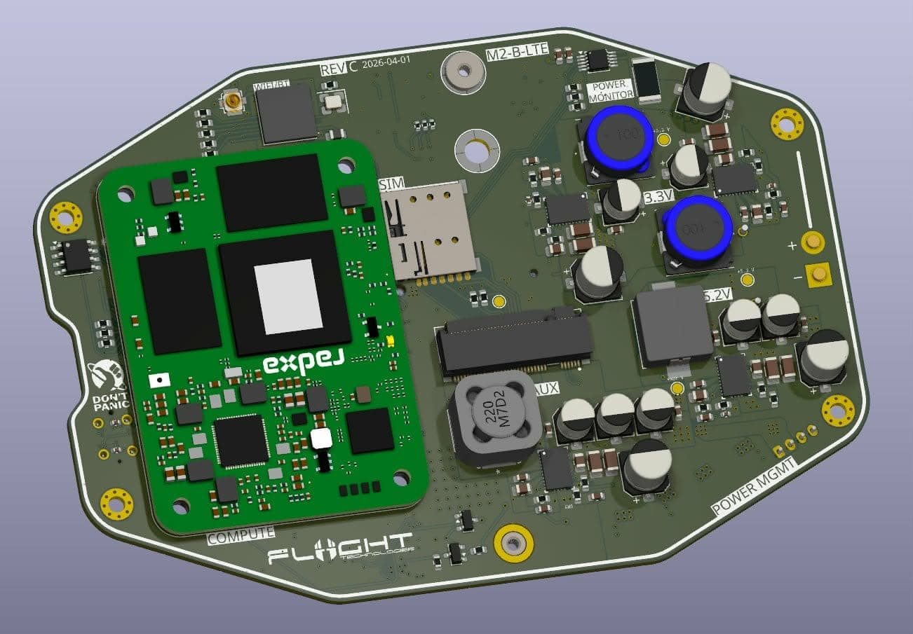 Three-dimensional PCB render of the Hyperion compute module and power-regulation side