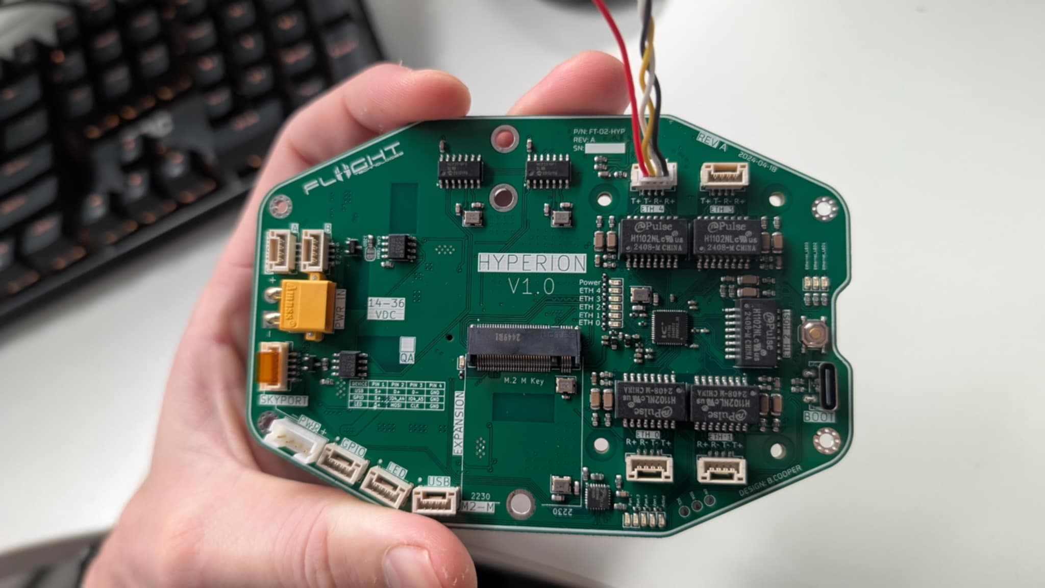 Populated Hyperion board from the networking side with five ethernet ports and its external connectors