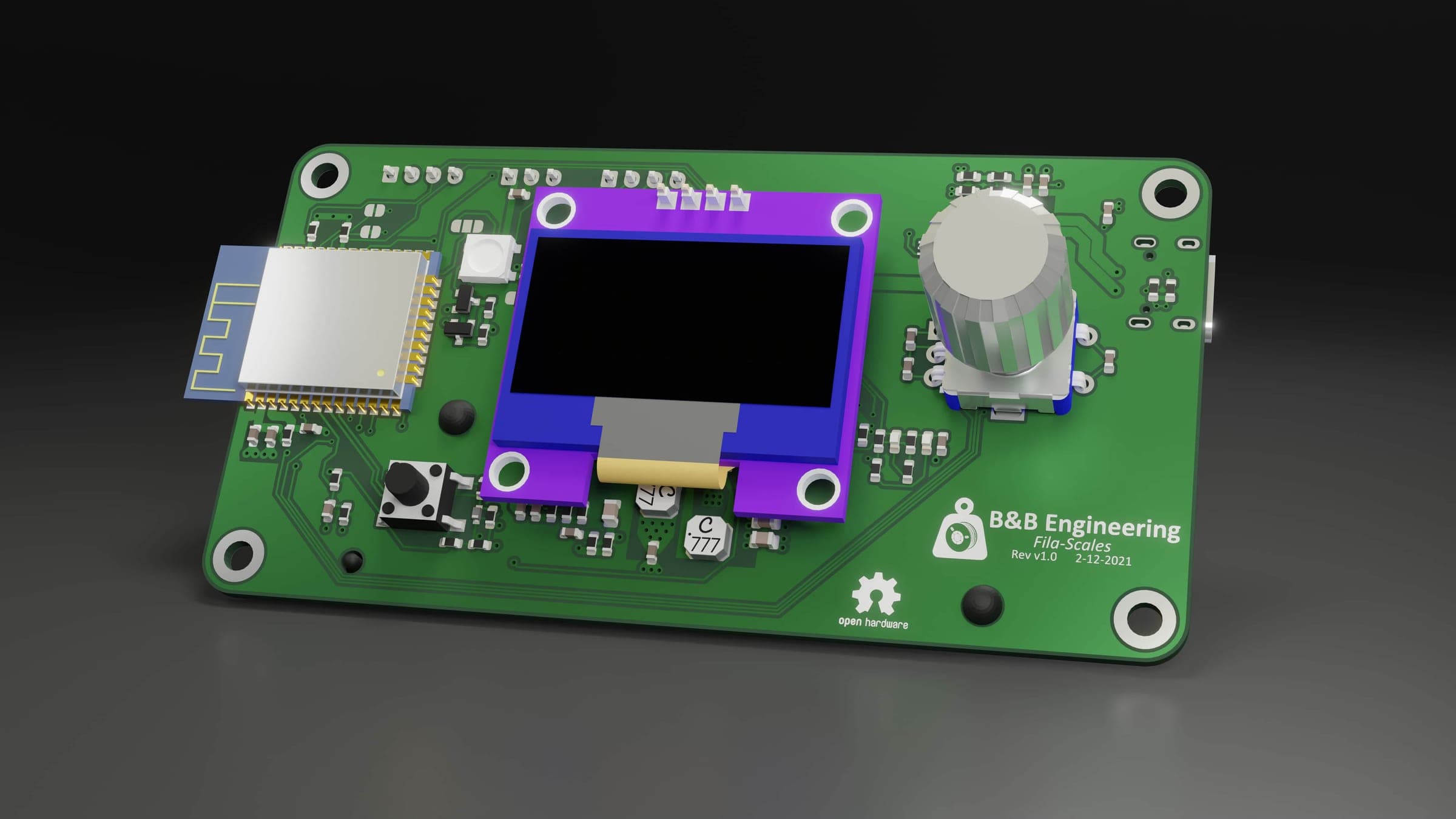 Three-dimensional render of the assembled Fila-Scales PCB and its user-interface hardware