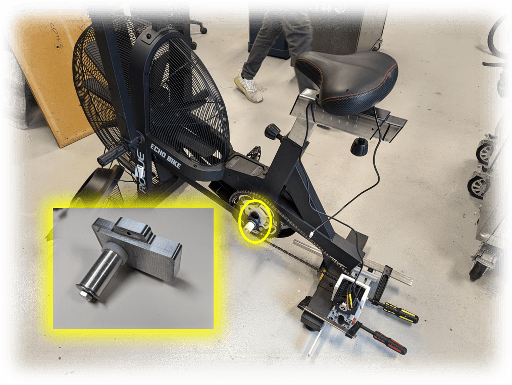Rogue exercise bike instrumented with Odrive mounted for dyno